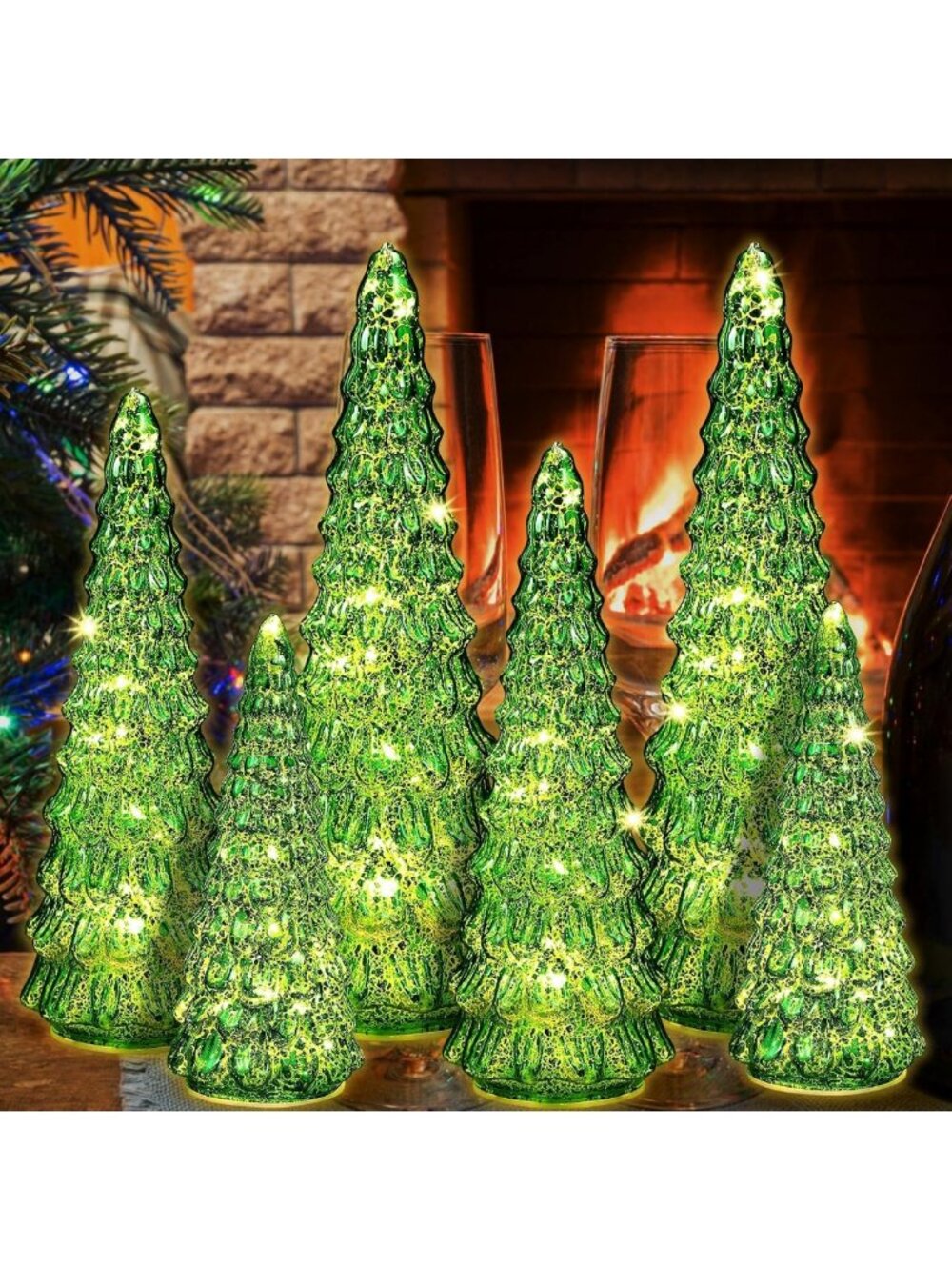 Elegant Light-Up Glass Christmas Tree Set - 6 Pack for Festive Table Decor
